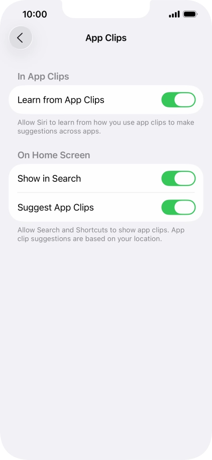 Press the indicators next to the required settings to turn them on or off.
