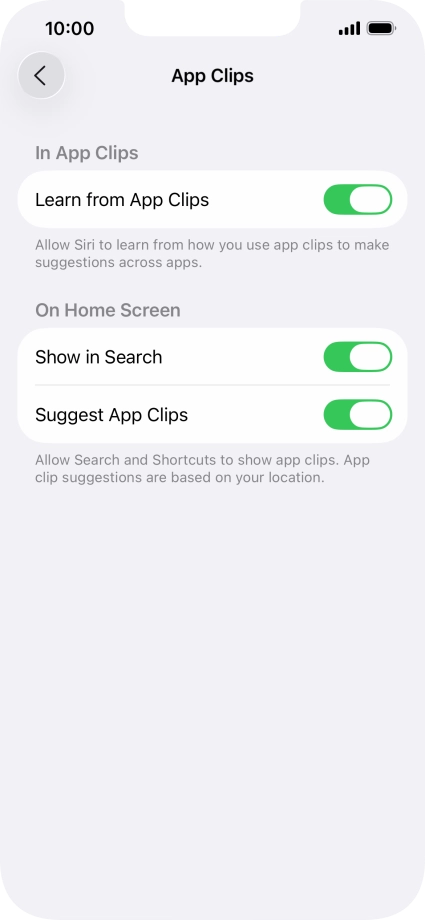 Press the indicators next to the required settings to turn them on or off.