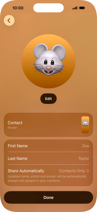 Press the name fields and follow the instructions on the screen to edit your name on the Contact Poster.