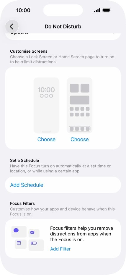 Press Add Schedule and follow the instructions on the screen to select settings for automatic activation of Do Not Disturb.