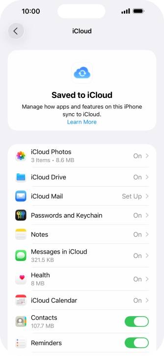 Press the indicators next to the required data types to turn synchronisation of each data type on or off.