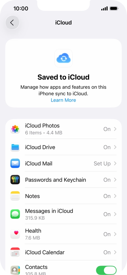 Press the indicators next to the required data types to turn synchronisation of each data type on or off.