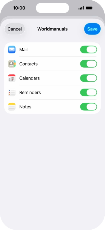 Press the indicators next to the required data types to turn synchronisation of each data type on or off.
