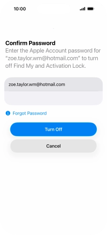Key in the password for your Apple Account and press Turn Off. Wait a moment while the factory default settings are restored. Follow the instructions on the screen to set up your phone and prepare it for use.