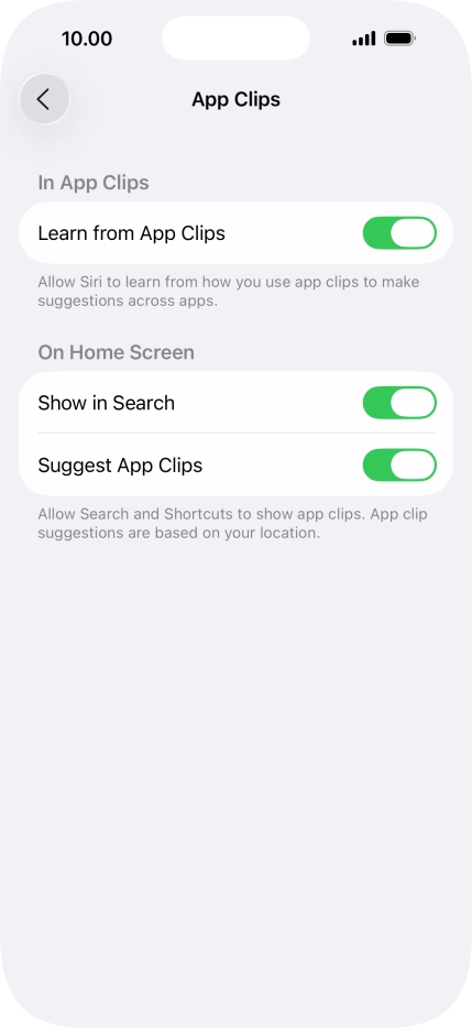 Press the indicators next to the required settings to turn them on or off.