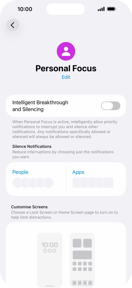 Press People and follow the instructions on the screen to select which contacts you would like to receive calls and notifications from when the selected focus mode is active.