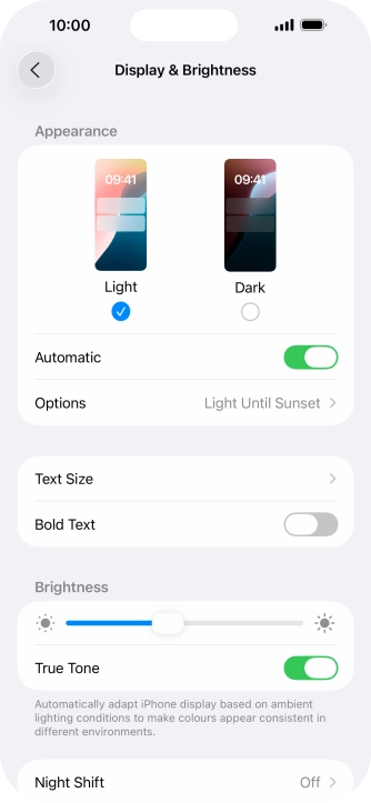 If you turn on the function, press Options and follow the instructions on the screen to select the required period of time for Dark Mode.