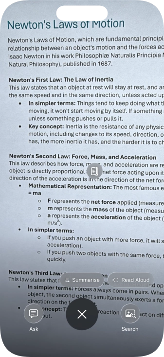 To use visual intelligence on a text, take a picture of the text, press the required setting and follow the instructions on the screen to use the function.