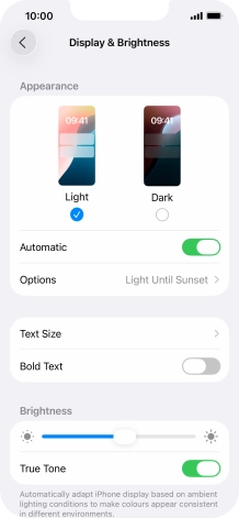 If you turn on the function, press Options and follow the instructions on the screen to select the required period of time for Dark Mode. If you turn on the function, press Options and follow the instructions on the screen to select the required period of time for Dark Mode.