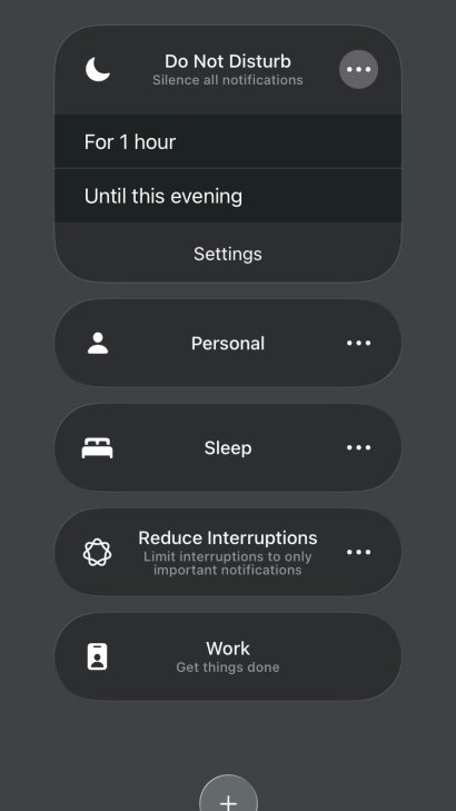 Press the required setting to activate the selected focus mode for a specified period of time or until you leave your current location.