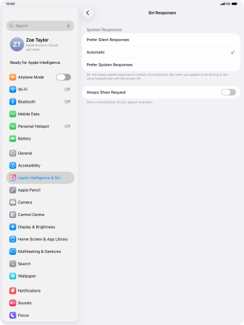 Press the required setting.