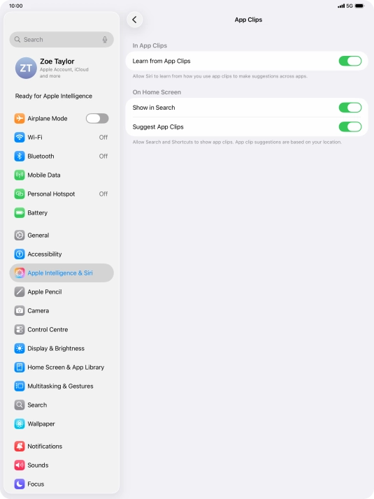 Press the indicators next to the required settings to turn them on or off.