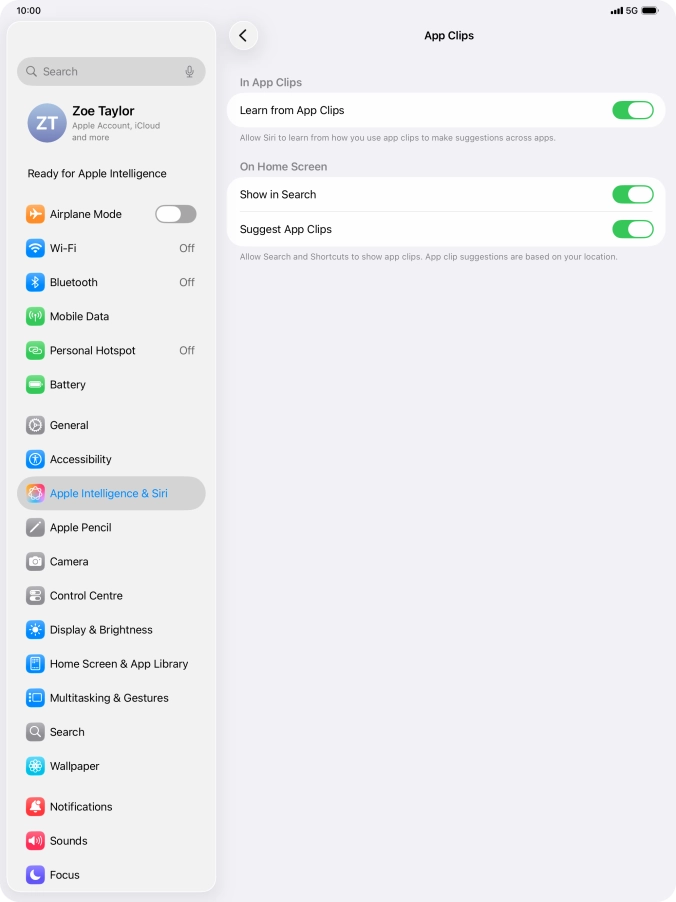 Press the indicators next to the required settings to turn them on or off.