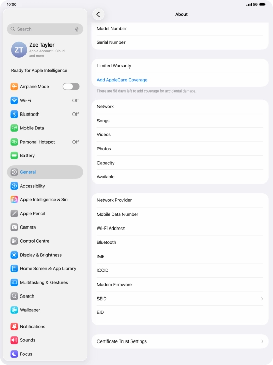 Your tablet's EID number is displayed below EID.