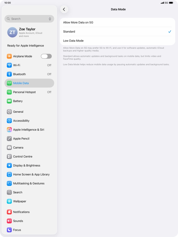 Press the required setting to turn the function on or off.