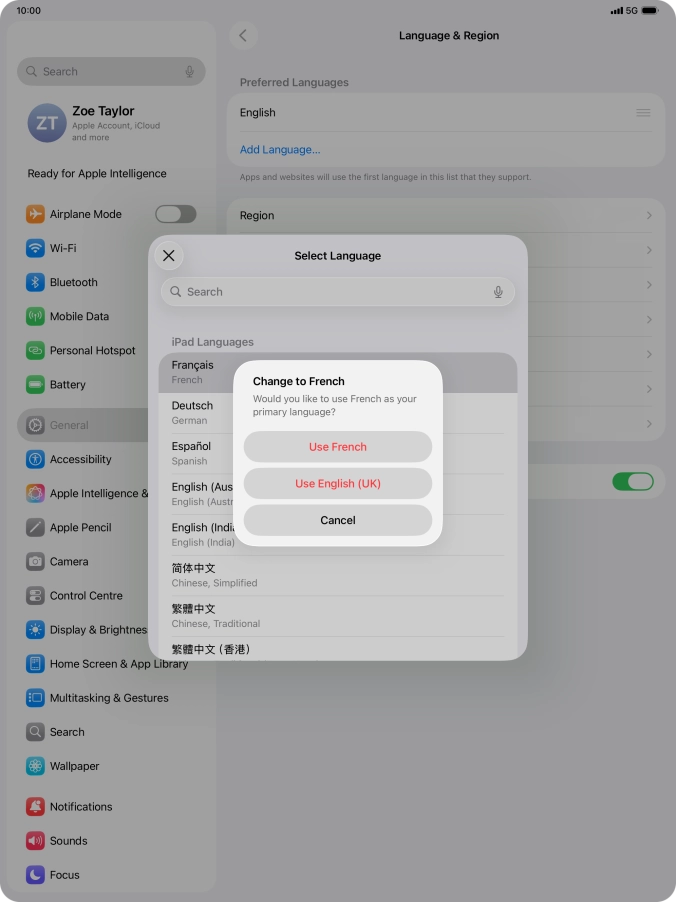To select the new language as the default tablet language, press Use ‹language›.