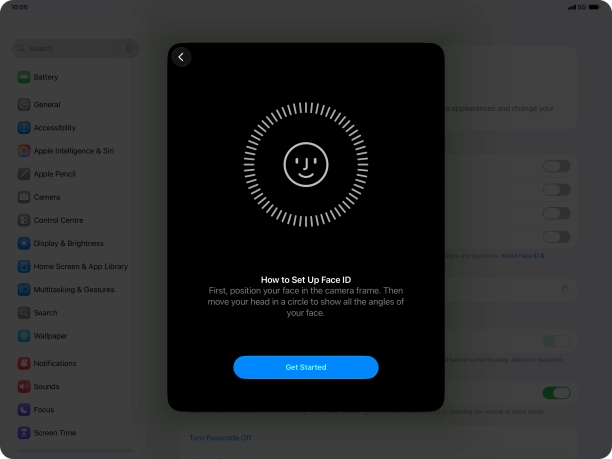 Press Get Started and follow the instructions on the screen to set up Face ID.