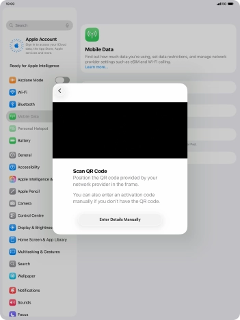 Place the QR code you've received inside the tablet camera frame to scan the code. Your eSIM is transferred to your new tablet over the internet.
