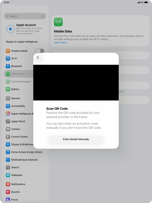 Place the QR code you've received inside the tablet camera frame to scan the code. Your eSIM is transferred to your new tablet over the internet.