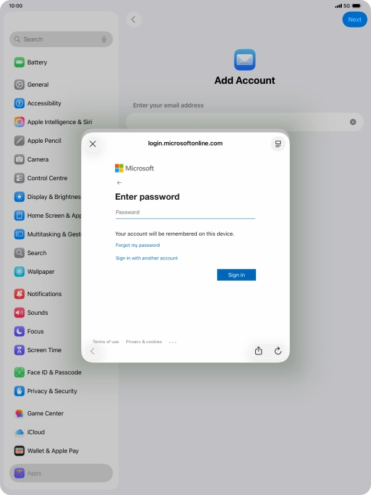 Press Password and key in the password for your email account.
