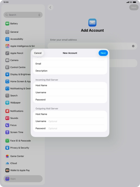 Press Username and key in the username for your email account.