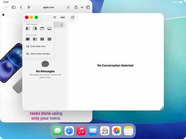 Press the required setting to place the application window on the opposite side of the screen from the first application window.