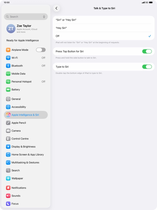 Press the required setting to turn the function on or off. If you turn on the function, you need to follow the instructions on the screen to set up Siri to recognise your voice.