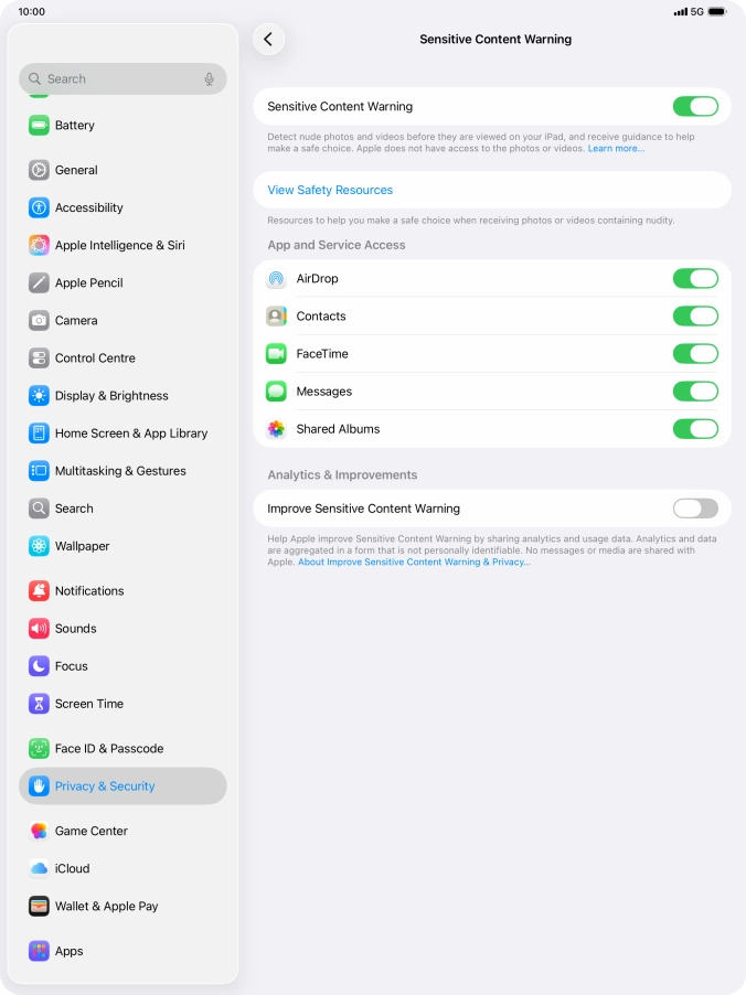 Press the indicators next to the required applications to turn the function on or off.