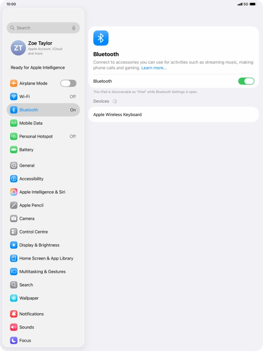 Press the required Bluetooth device and follow the instructions on the screen to pair the device with your tablet.