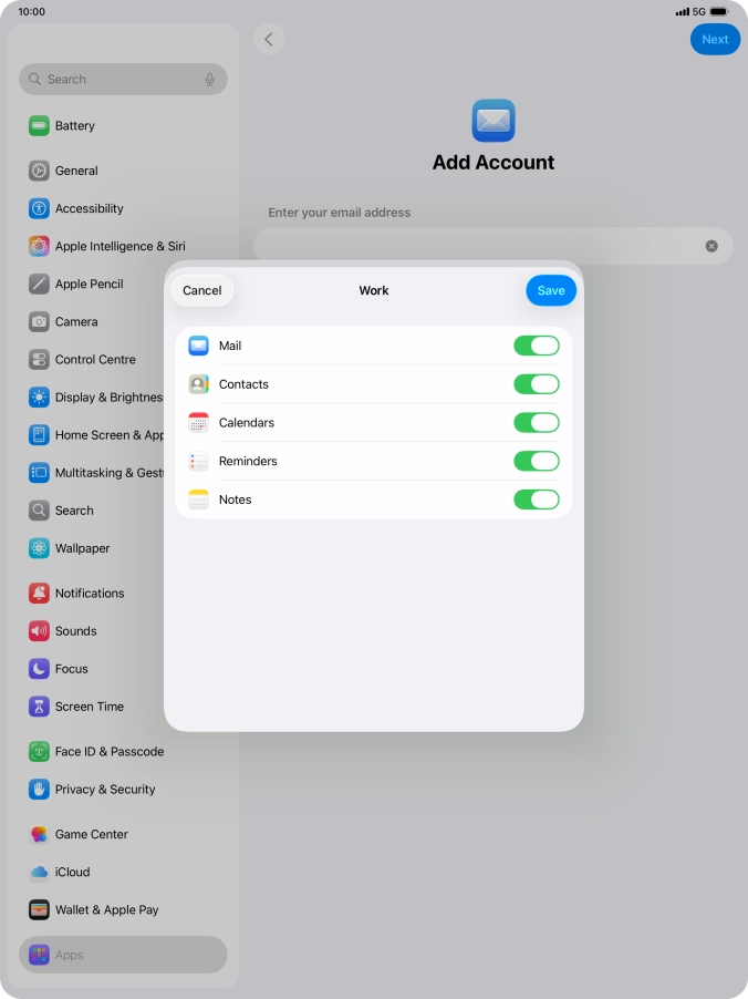 Press the indicators next to the required data types to turn synchronisation of each data type on or off.