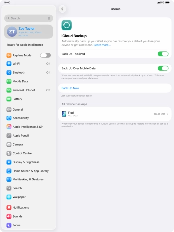 Press Back Up Now and wait while the tablet memory is backed up.