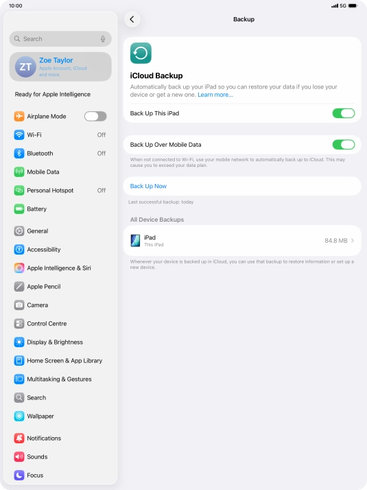 Press Back Up Now and wait while the tablet memory is backed up.