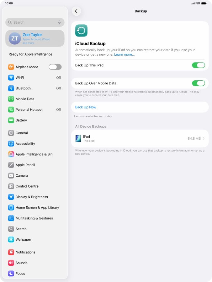 Press Back Up Now and wait while the tablet memory is backed up.