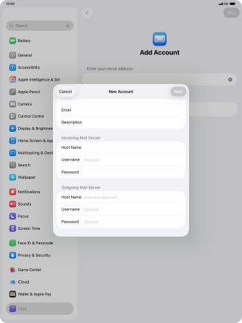 Press Username and key in the username for your email account.