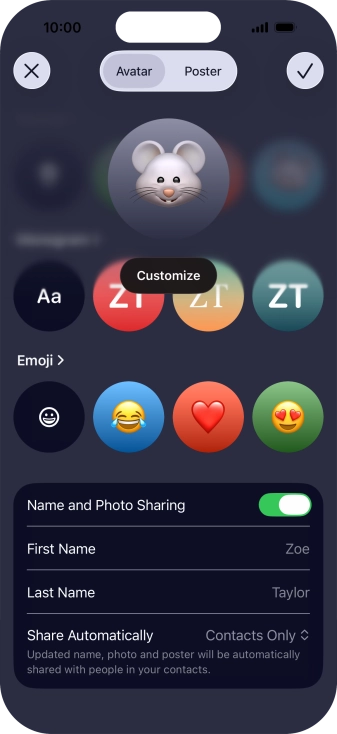 Press the name fields and follow the instructions on the screen to edit your name on the Contact Poster.