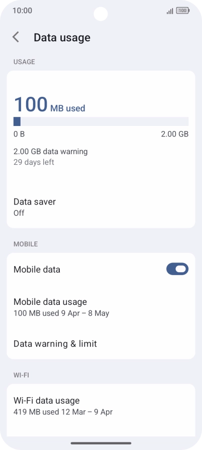 The total data usage is displayed. The total data usage is displayed.