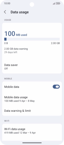 The total data usage is displayed. The total data usage is displayed.