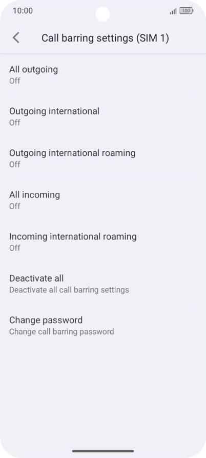 Press the required barring type. Press the required barring type.