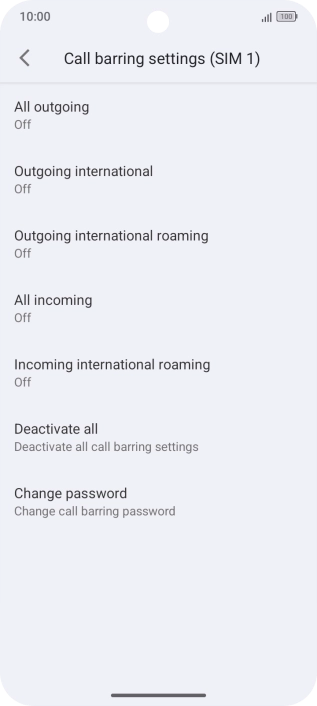 Press the required barring type. Press the required barring type.