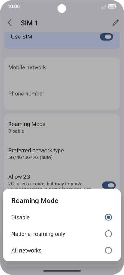 Press the required setting to turn the function on or off.