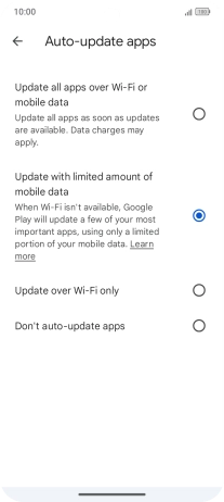 To turn on automatic update of apps using mobile network, press Update all apps over Wi-Fi or mobile data.
