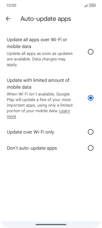 To turn on automatic update of apps using mobile network, press Update all apps over Wi-Fi or mobile data.