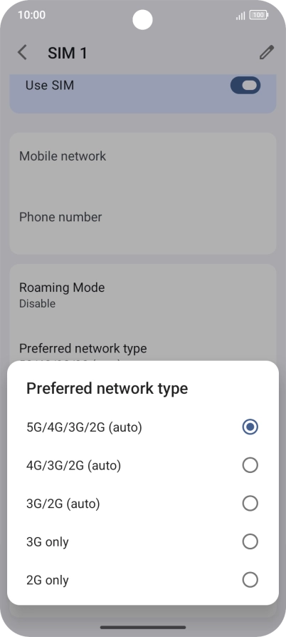 Press the required network mode.