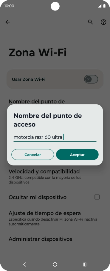 Introduce el nombre deseado de la conexión wifi y pulsa Aceptar. Introduce el nombre deseado de la conexión wifi y pulsa Aceptar.
