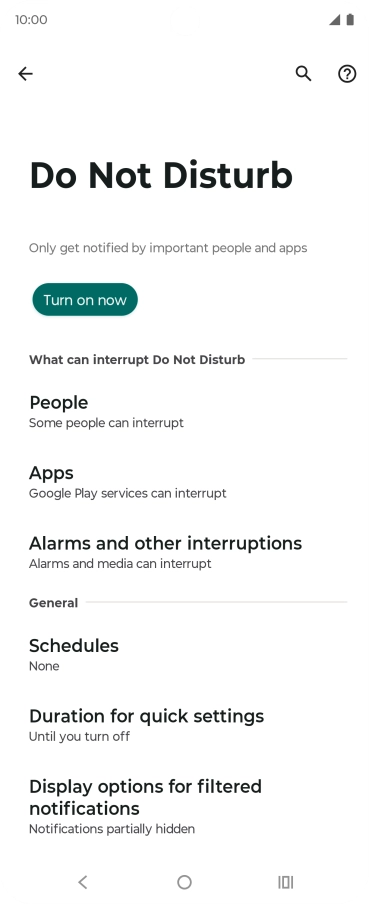 Press Turn on now to turn on Do Not Disturb.