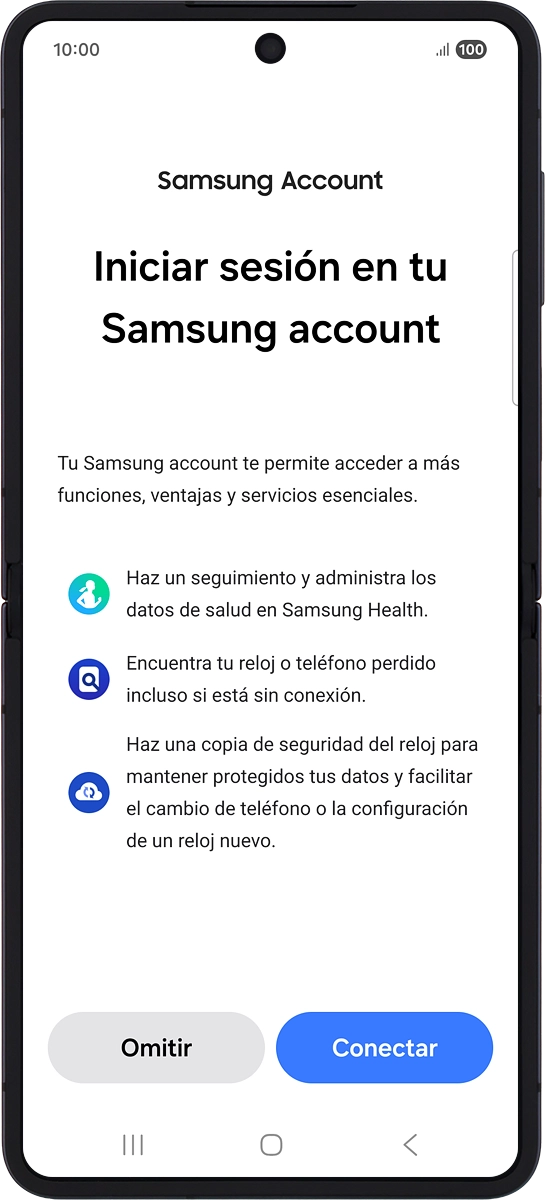 En el teléfono: Pulsa Conectar y sigue las indicaciones de la pantalla para iniciar sesión en tu cuenta de Samsung o para crear una cuenta nueva si todavía no tienes una.