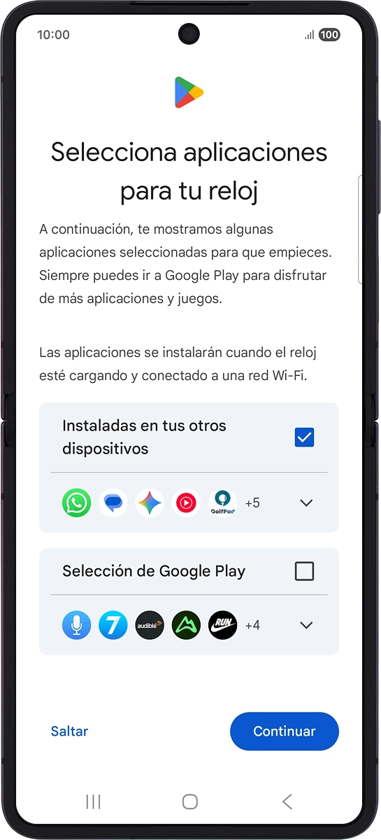 En el teléfono: Sigue las indicaciones de la pantalla para seleccionar las apps adicionales que quieres instalar en el smartwatch y pulsa Continuar.
