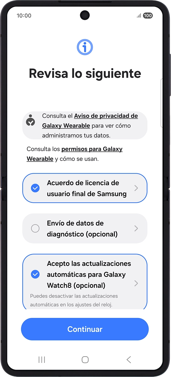 En el teléfono: Sigue las indicaciones de la pantalla para seleccionar los ajustes deseados y pulsa Continuar.