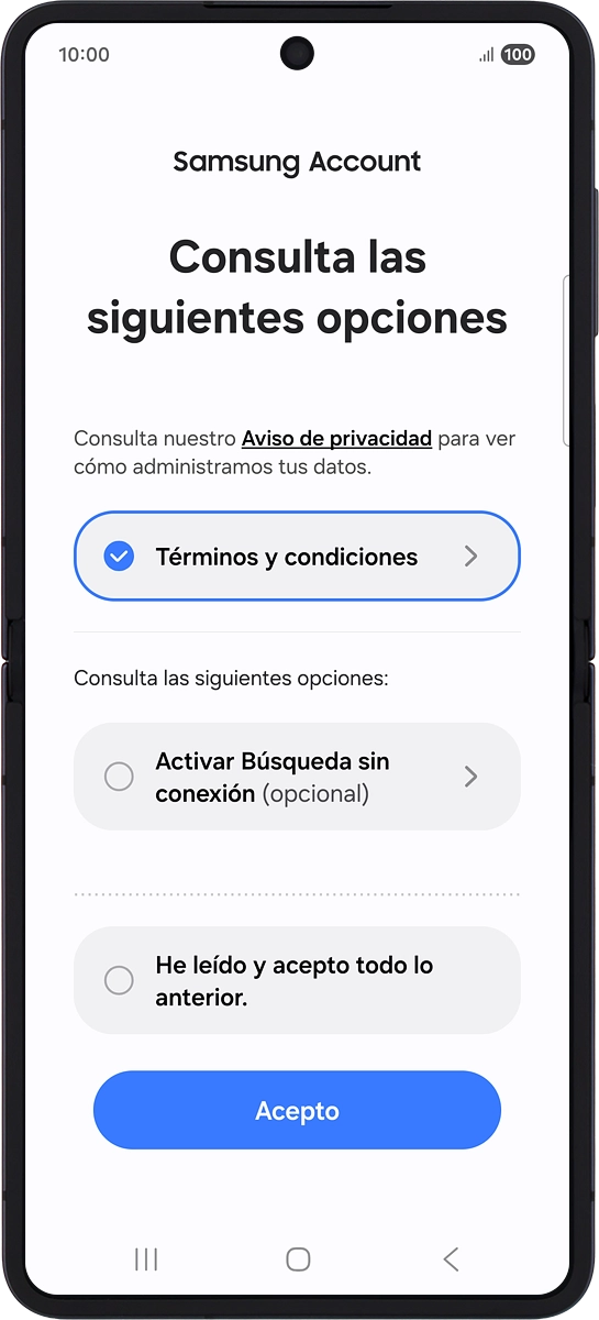 En el teléfono: Sigue las indicaciones de la pantalla para seleccionar los ajustes deseados y pulsa Acepto.