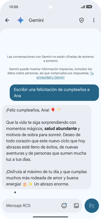 La propuesta de texto de Gemini se visualiza ahora en la pantalla.
